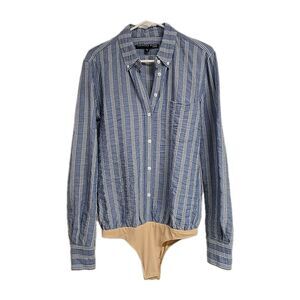 VERONICA BEARD Brigitte Striped Button Front Oxford Bodysuit Blue White Size S